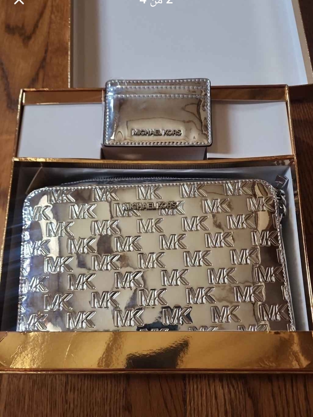 Michael Kors Metallic Silver MK Logo Zip Wallet and Card Case Set